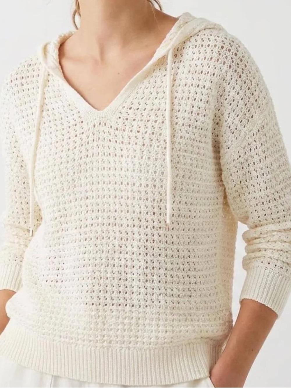 Nicole Miller NY Open-Knit Crochet Hoodie Sweater Ivory Size XL